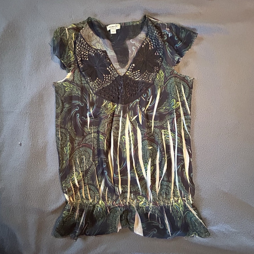 One World Boho Shirt Top Hippie Lace Peacock Green Blouse Embellished Top Size S